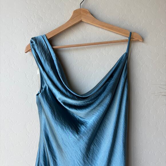 NEW Fame and Partners Carmen Blue Satin Cowl Neck Sleeveless Midi Dress 4 - Picture 3 of 11